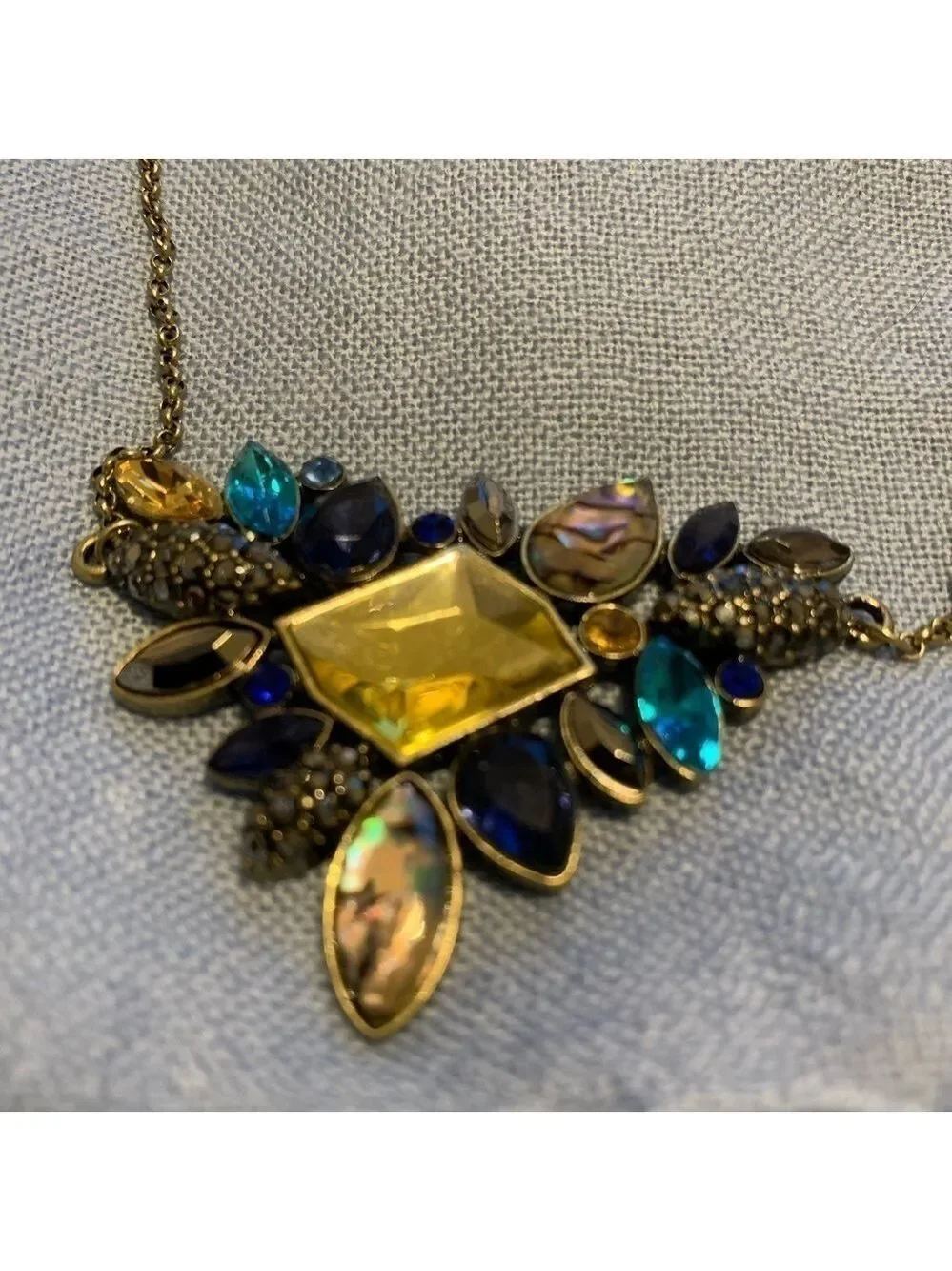 Jeweled statement necklace, blue gold abalone new prom formal dance glam